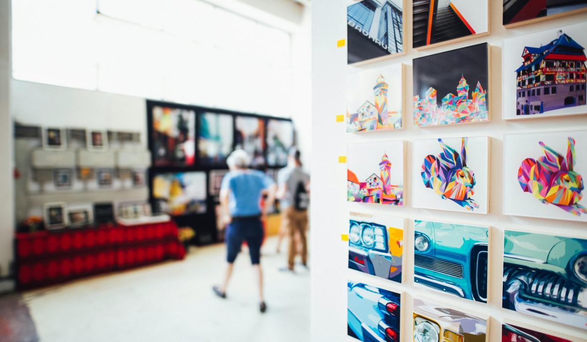Gallery with bright color paintings on wall